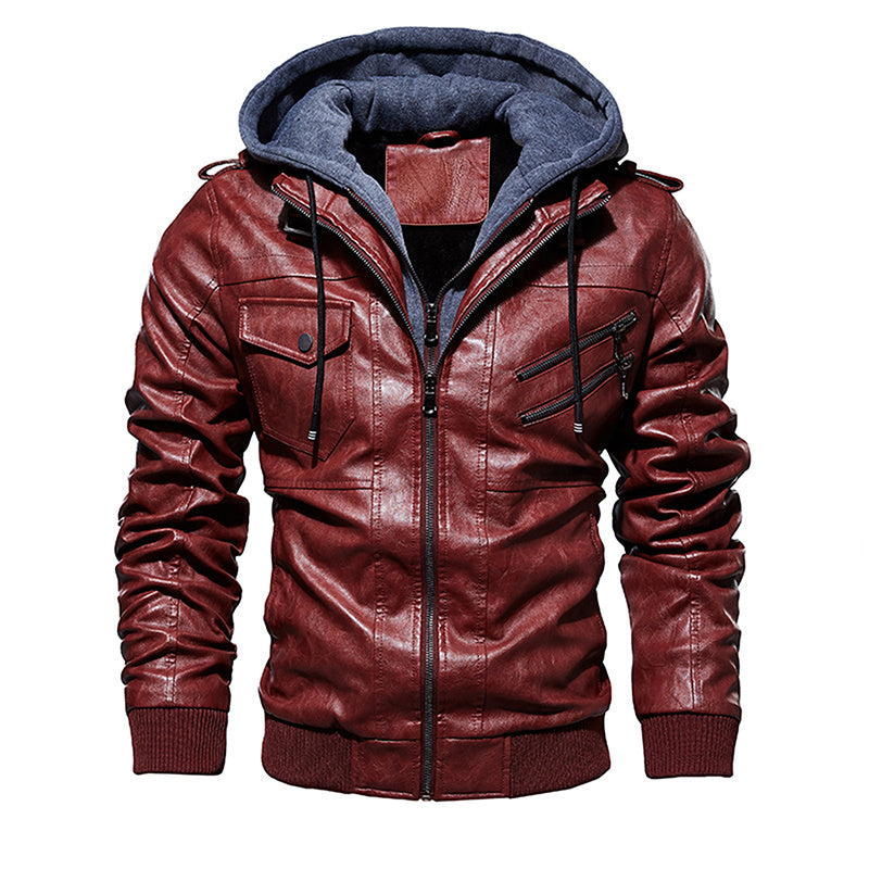Men Hooded Leather Jacket Thick Motorcycle Windproof Male Casual Winter PU Jacket