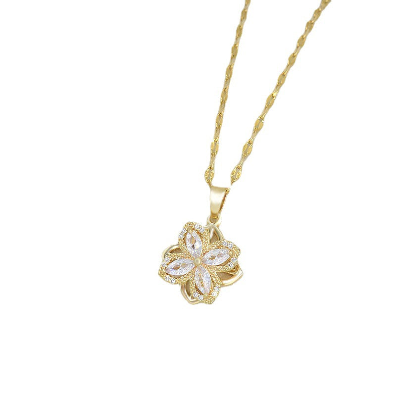 Rotatable Titanium Steel Four-petal Flower Necklace Female Inlaid Zircon Ring Earrings