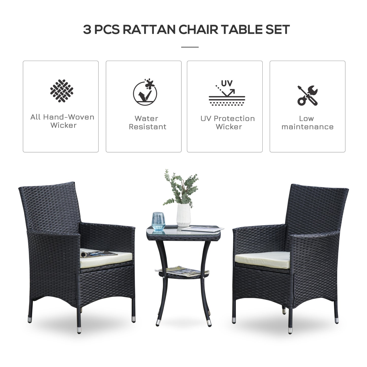 3 Pieces Rattan Bistro Set, Wicker Garden Furniture Set With 2-Tier Coffee Table And Chairs, Cushions, For Outdoor Patio Balcony, Black