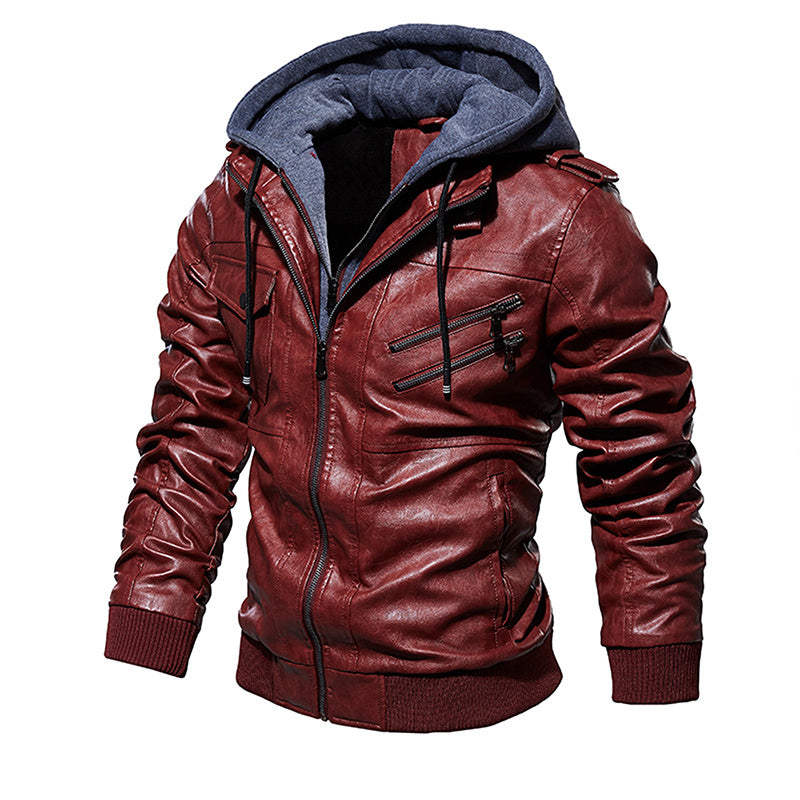 Men Hooded Leather Jacket Thick Motorcycle Windproof Male Casual Winter PU Jacket