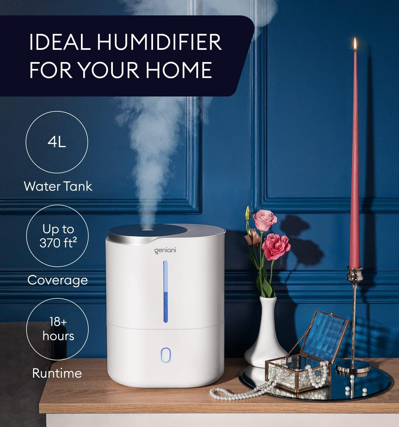 Top Fill Humidifier with Essential Oil Diffuser 4L for Home, Baby, Bedroom, Large Room & Indoor Plants, Cool Mist Ultrasonic Quiet Air Humidifiers, Automatic Humidity Control, Night Light