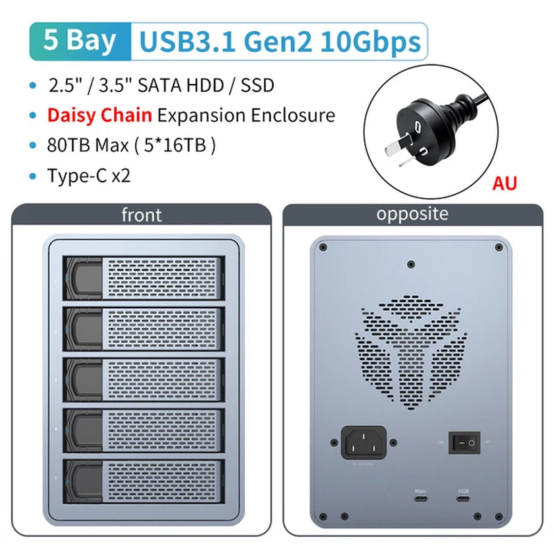 5 Bay 2.5"/3.5"Inch SATA HDD SSD External Case Type C Hard Drive Enclosure USB3.1 Gen2 270TB 10Gbps Data Storage Box