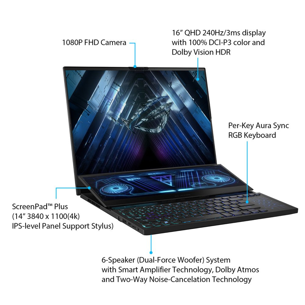 ROG Zephyrus Duo Gaming Laptop, 16” QHD, NVIDIA RTX 4080, AMD Ryzen 9 7945HX, 32GB DDR5, 1TB SSD, Win 11 Pro, GX650PZ-XS96