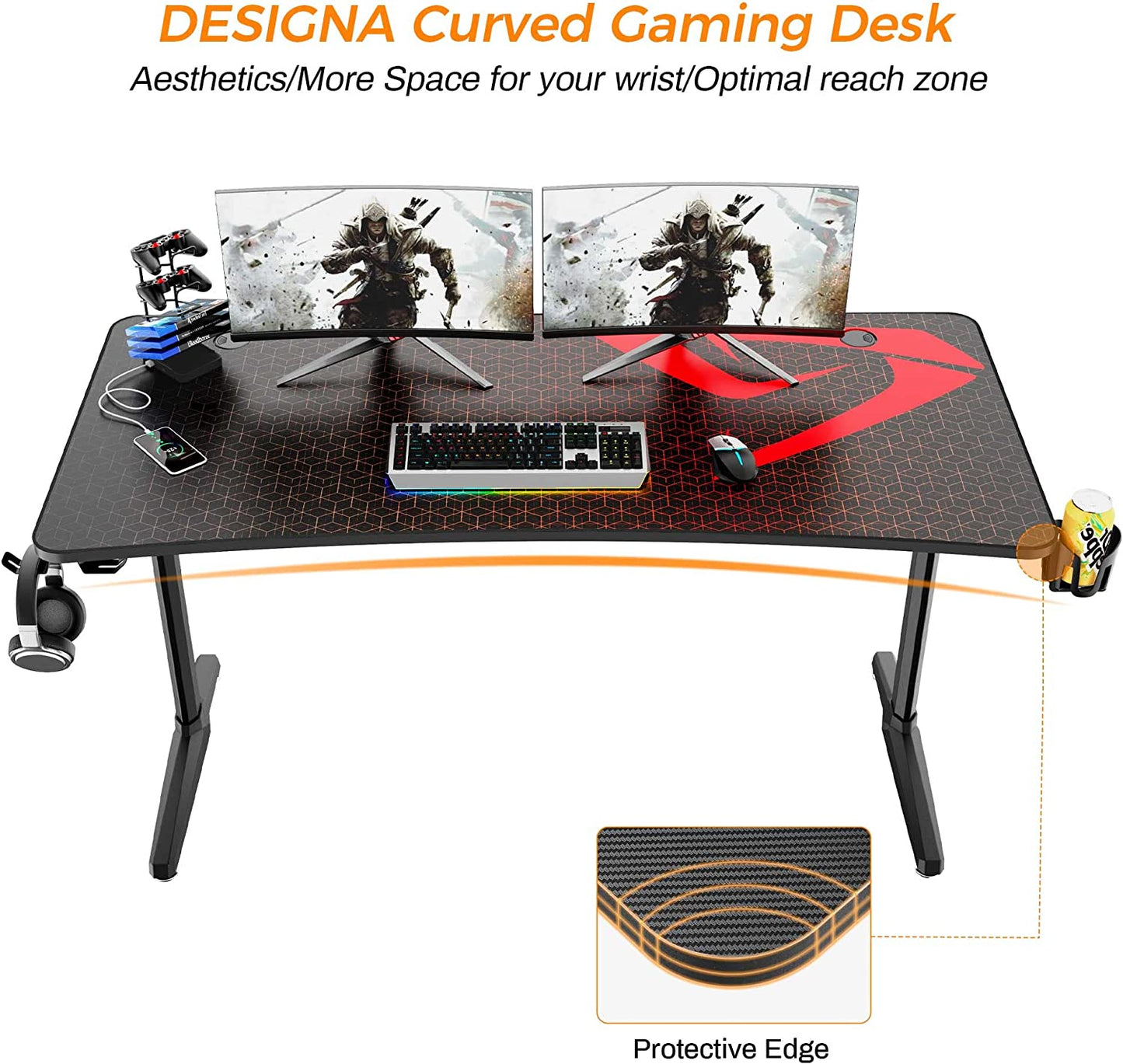 60 Inch Gaming Desk, Large Curved Computer Desk with Full Mouse Pad, T-Shaped Professional Gamer Studio Table for 3 Monitors with USB Handle Rack Cup Holder Headphone Hook, Carbon Fiber Black