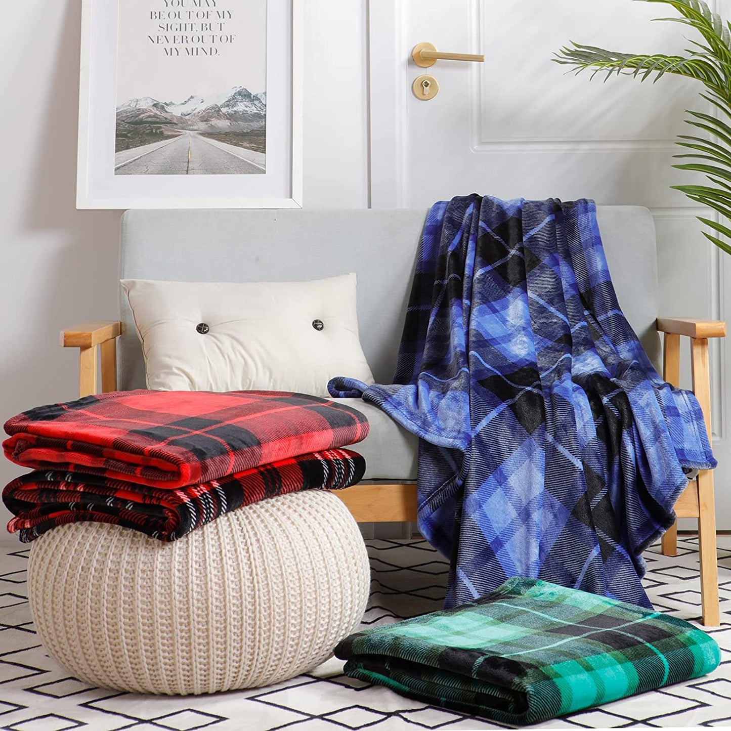 Flannel Fleece Throw Blanket 50 X 60 Inches, All Season Plaid Red Blanket for Bed, Couch, Car