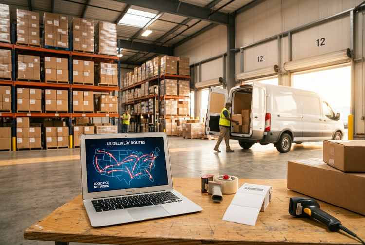 US warehouse with boxes ready to ship and a delivery van