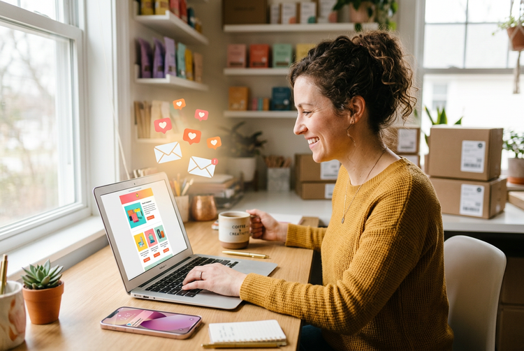 Small business owner reviewing an email newsletter on a laptop