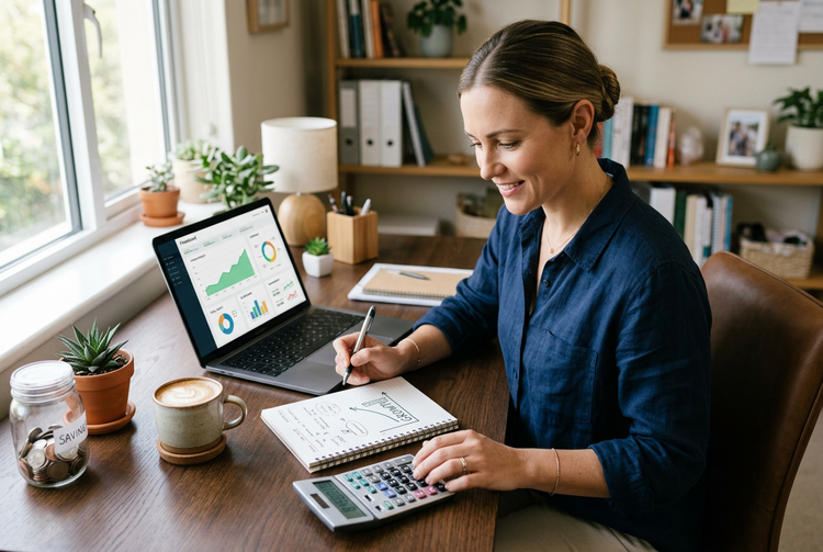 Entrepreneur reviewing business finances with a calculator and laptop