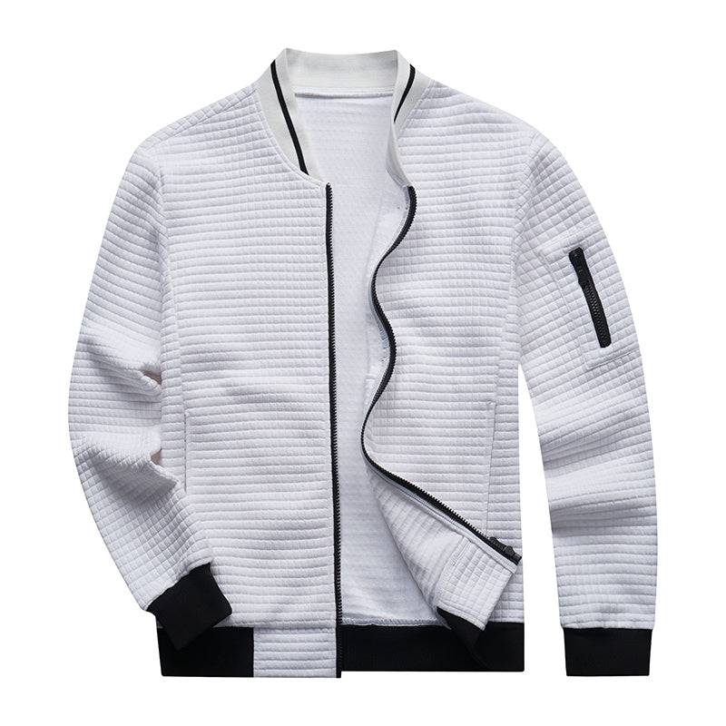 a white jacket with black trim