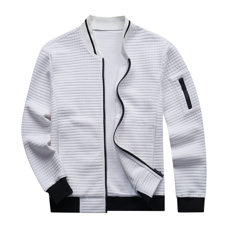 a white jacket with black trim