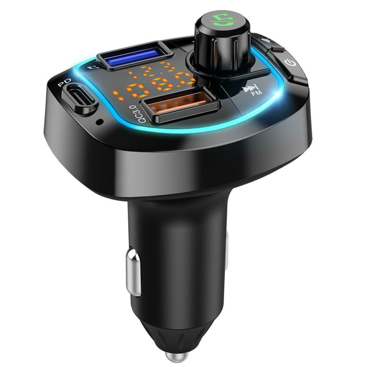 a black car charger with a blue and green led display