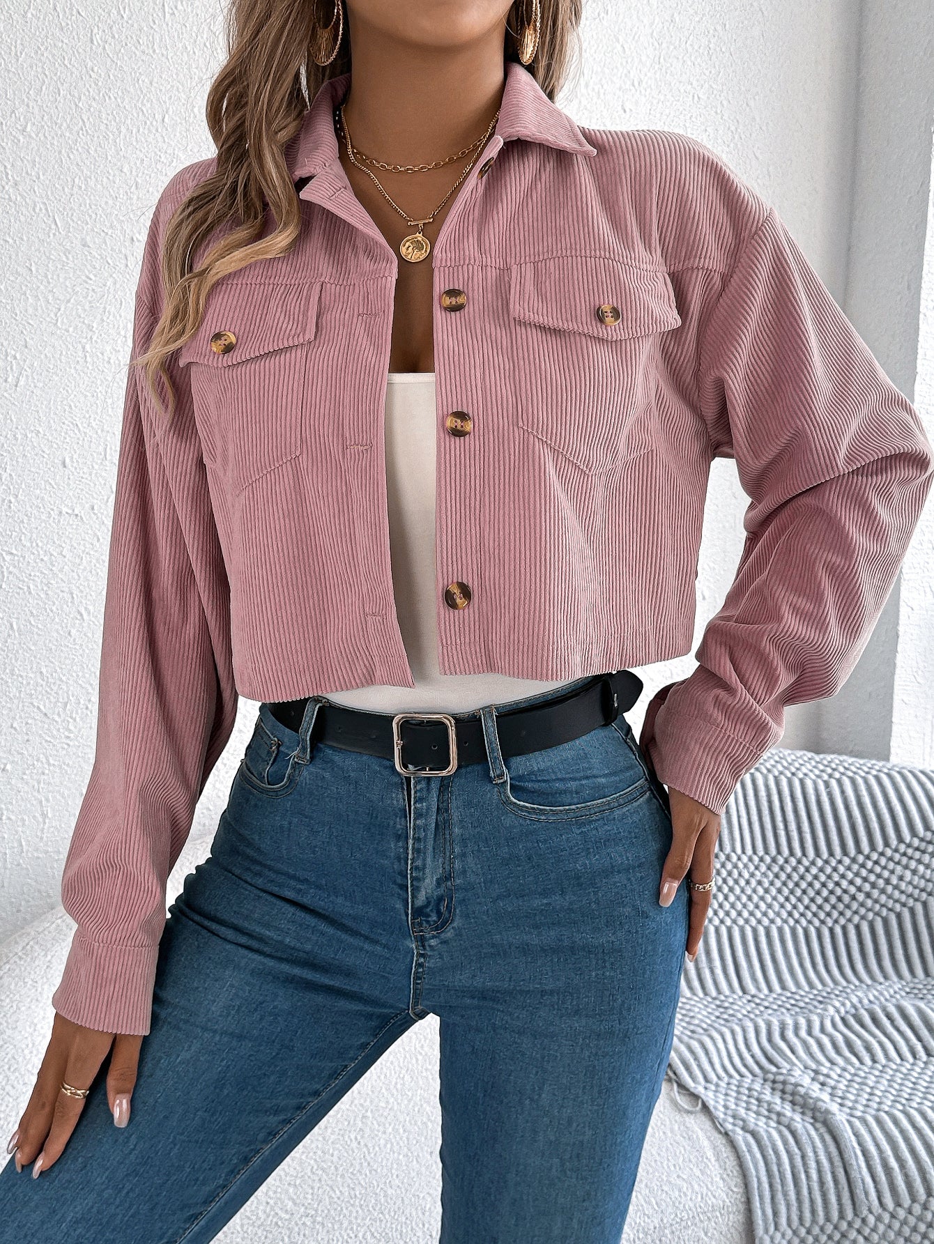 Casual Pocket Long Sleeve Corduroy Short Jacket Coat