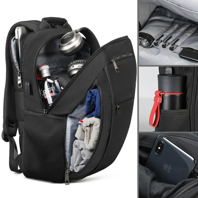 a black backpack with items inside