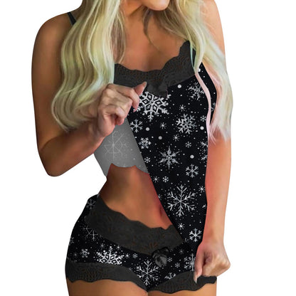 European And American Lace Sexy Sweet Print Suspender Two-piece Pajamas