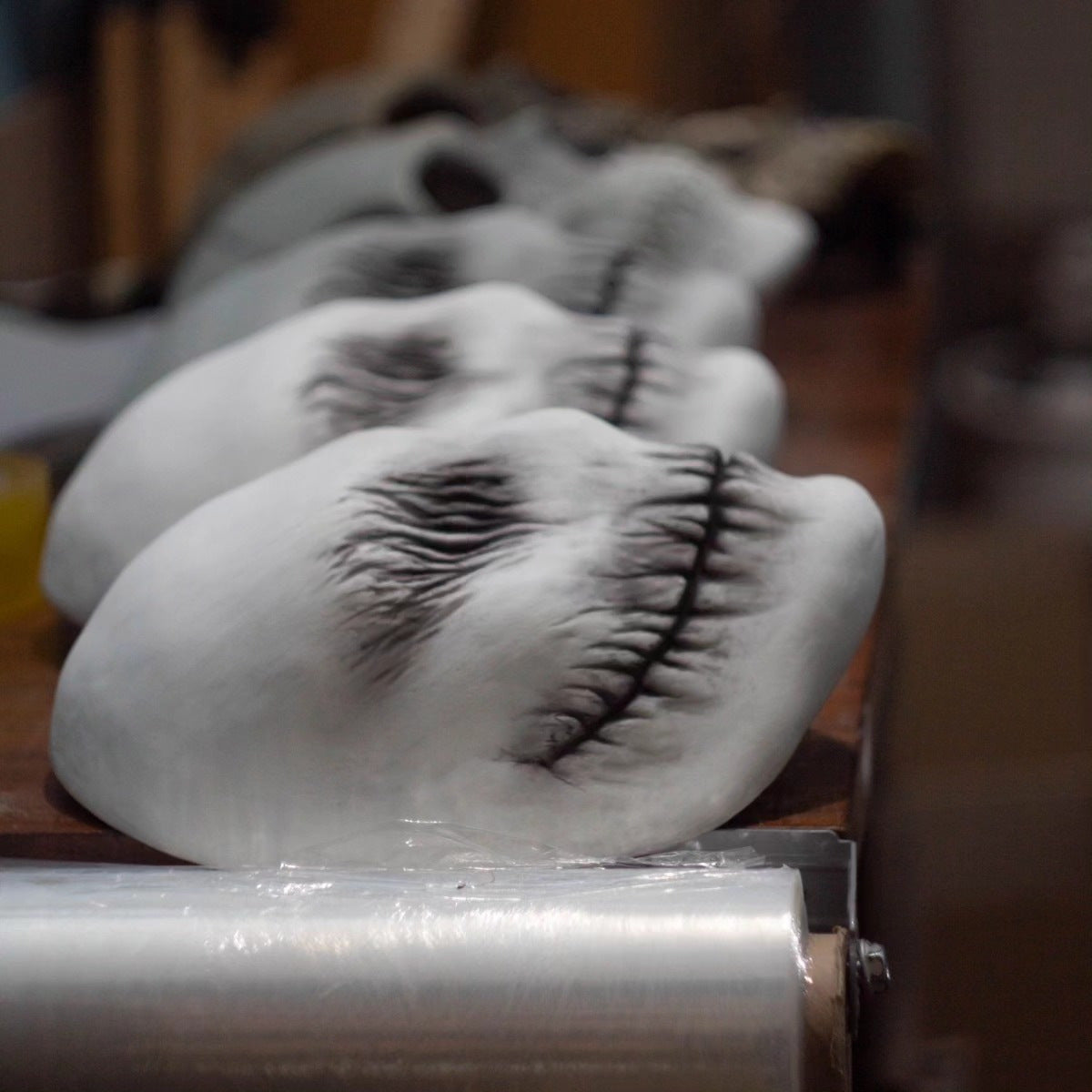 a row of white masks