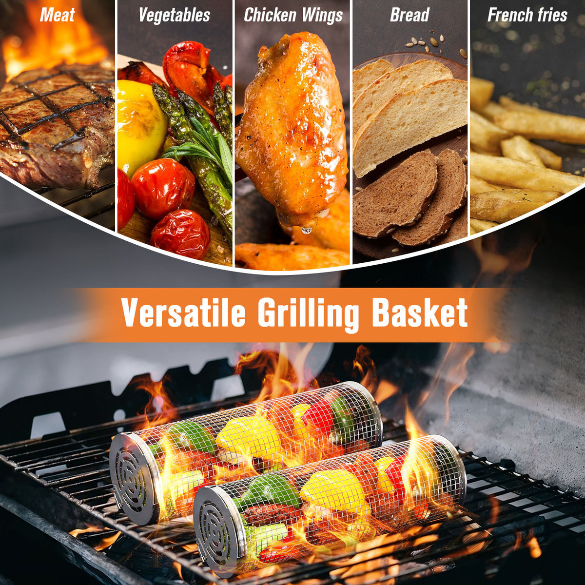 a grilling basket with different foods
