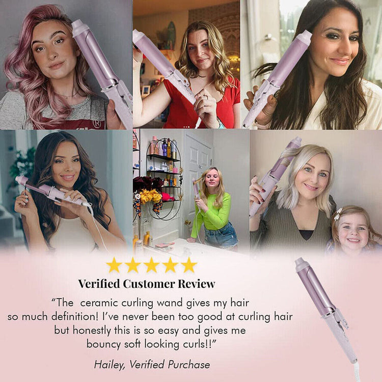 a collage of women holding curling irons