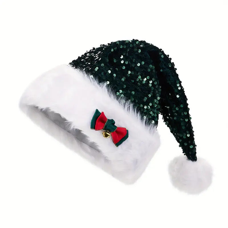 a green and white hat with a red bow