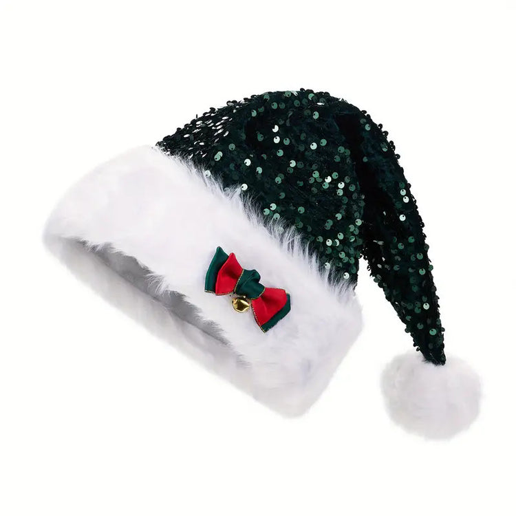 a green and white hat with a red bow