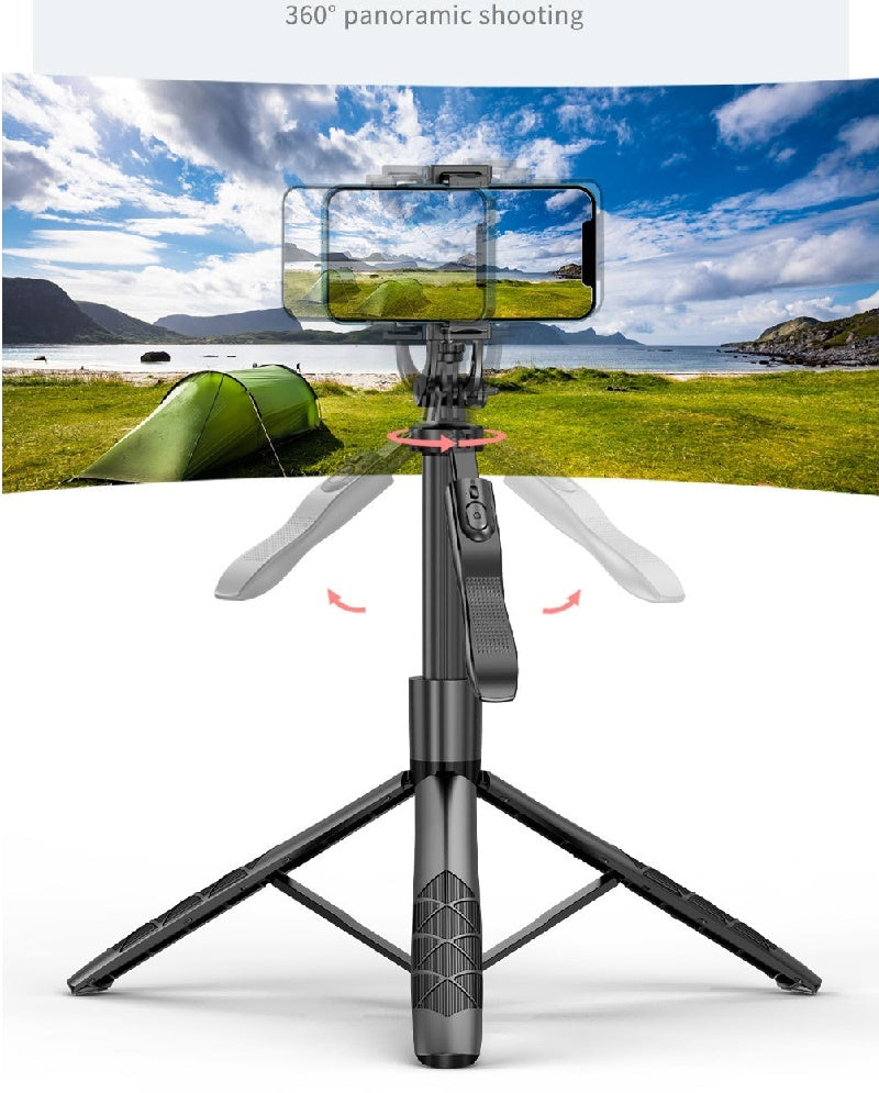 a selfie stick with a camera and a landscape