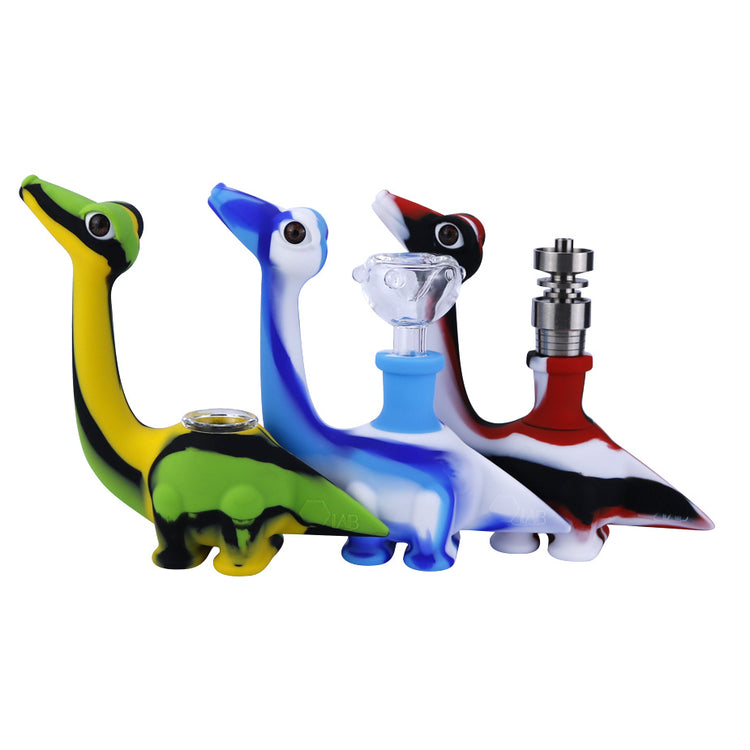 a group of colorful dinosaur bongs