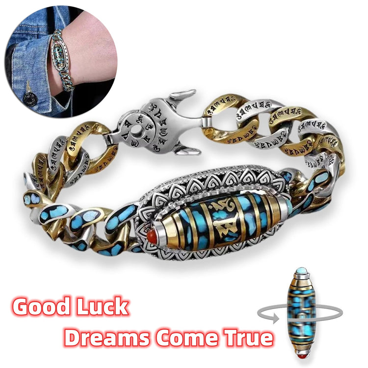 a bracelet with a blue and gold design