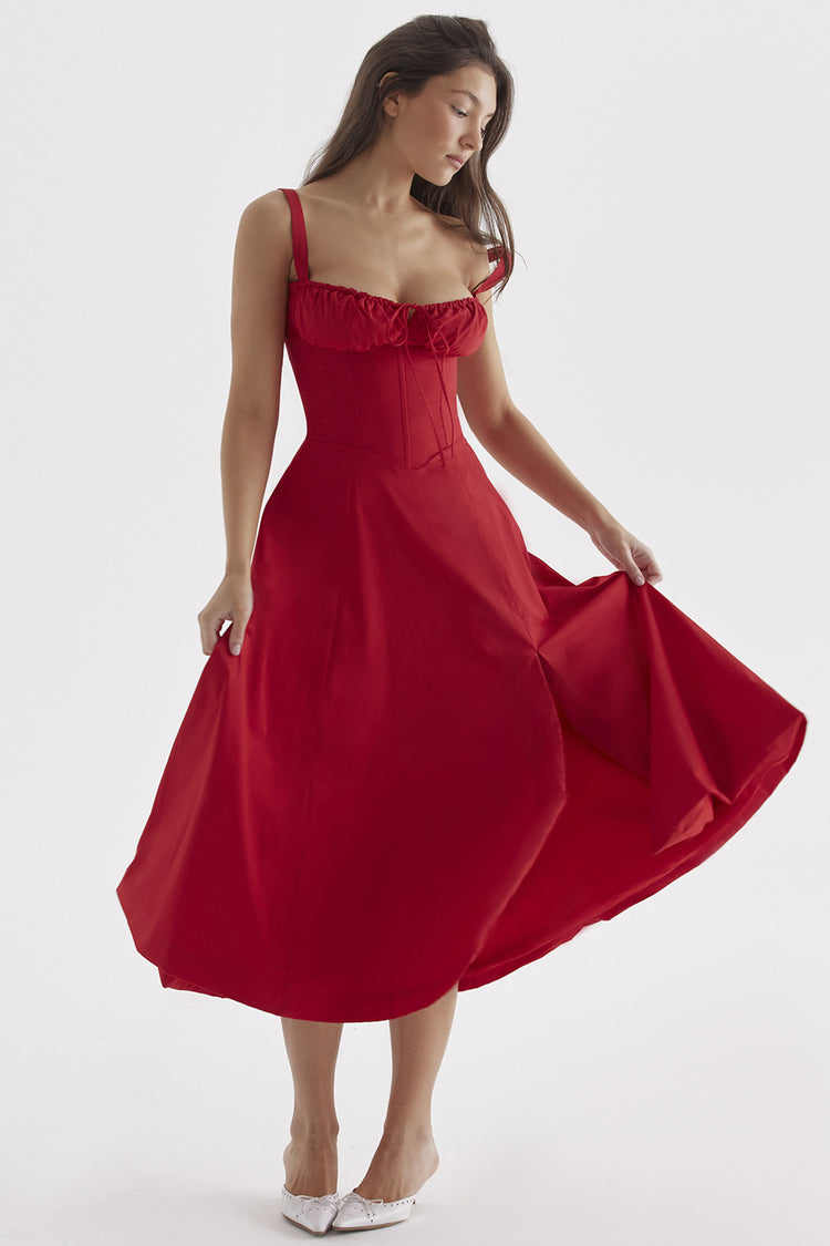 a woman in a red dress