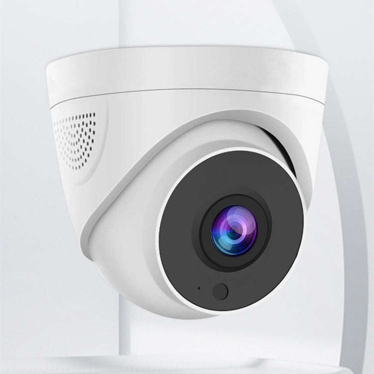 a white camera with a blue and purple lens