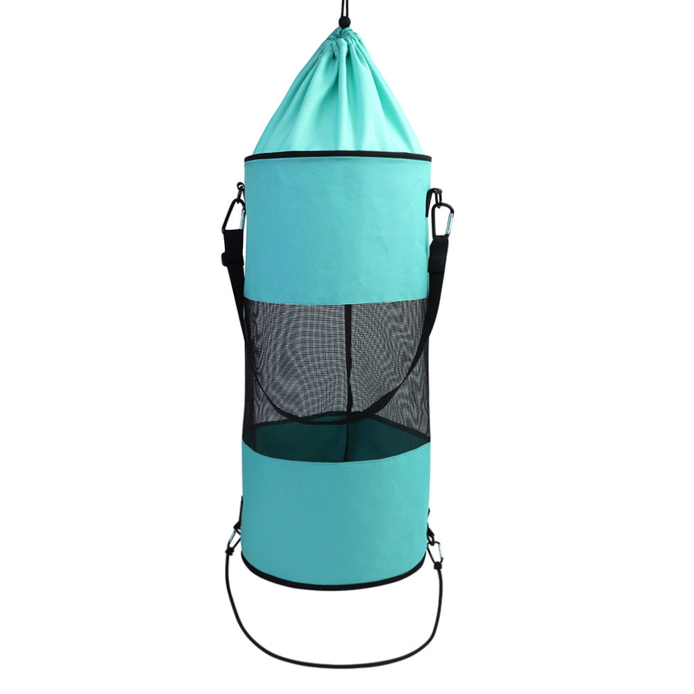 a blue bag with black straps