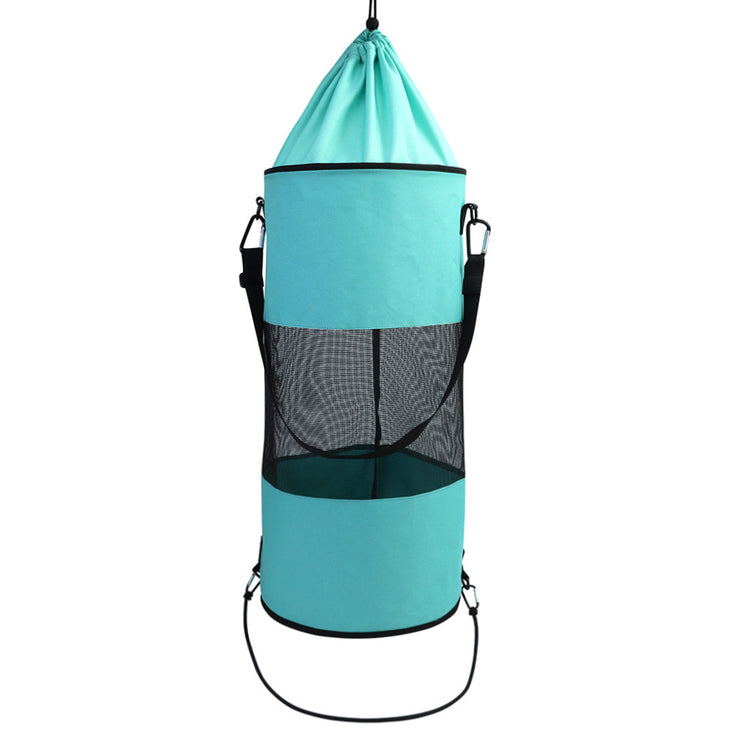 a blue bag with black straps
