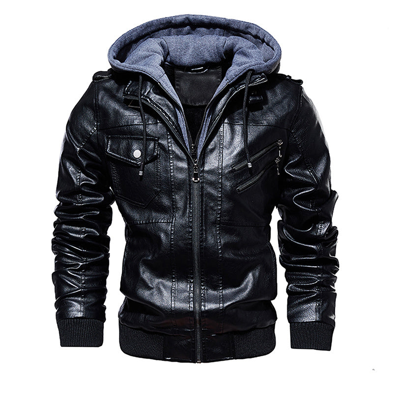 a black leather jacket with a hood