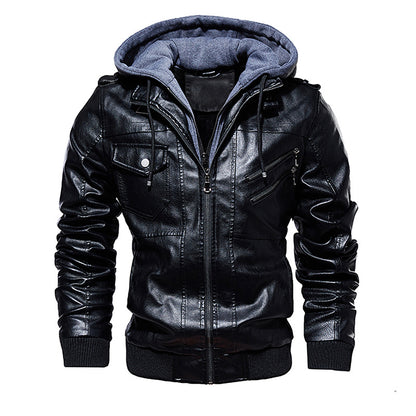 Men Hooded Leather Jacket Thick Motorcycle Windproof Male Casual Winter PU Jacket