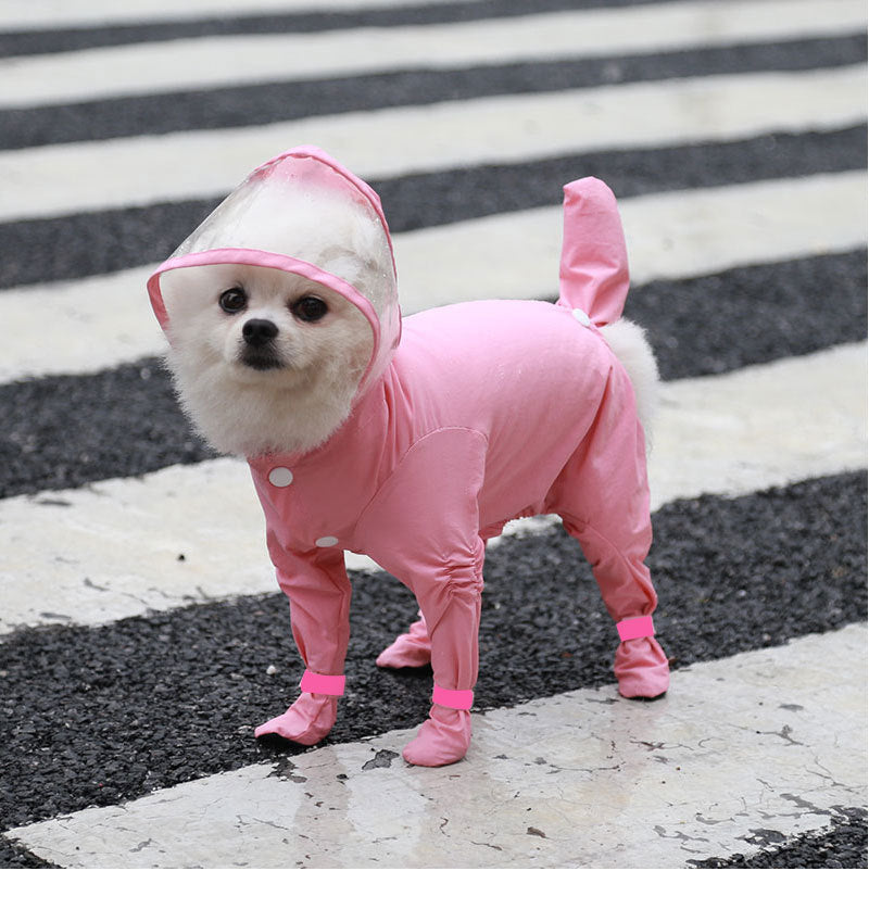 a dog wearing a pink raincoat