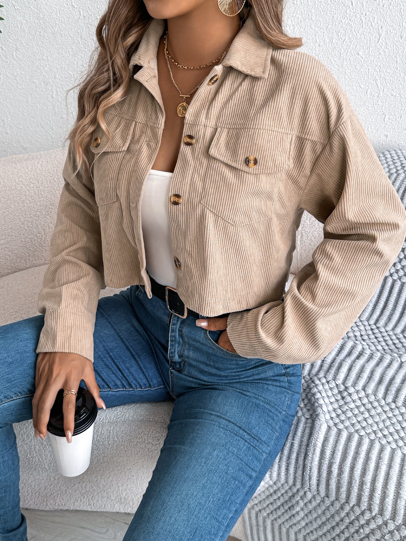 Casual Pocket Long Sleeve Corduroy Short Jacket Coat