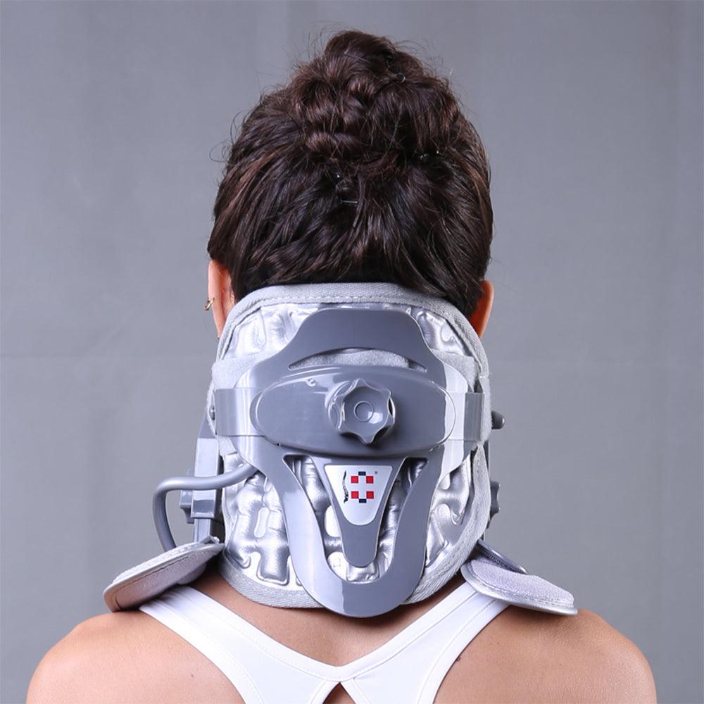 a woman wearing a neck brace