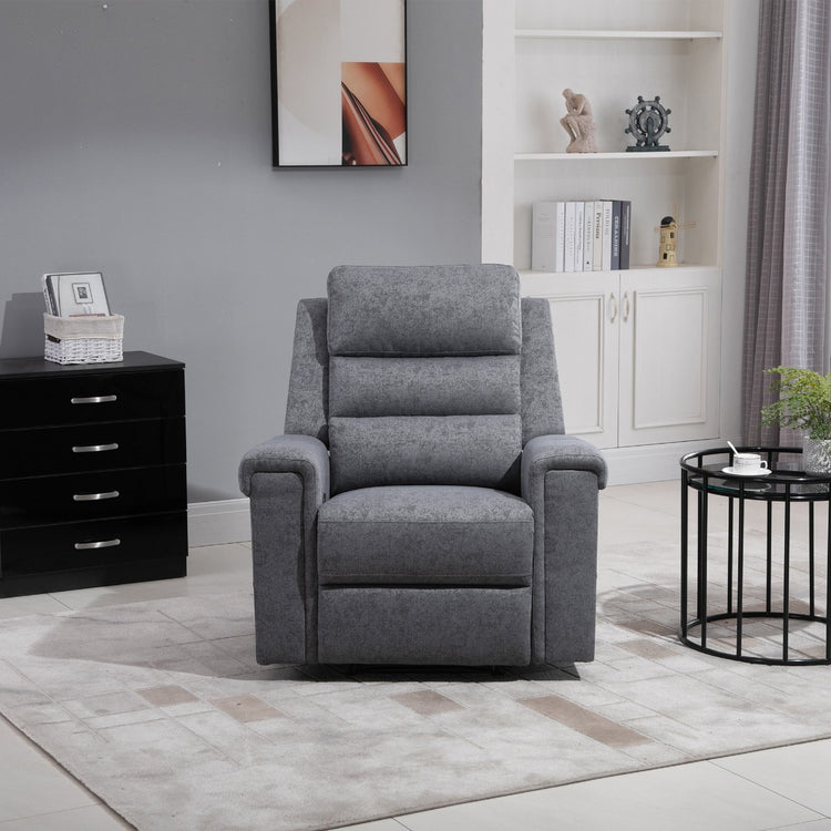 a grey recliner in a room
