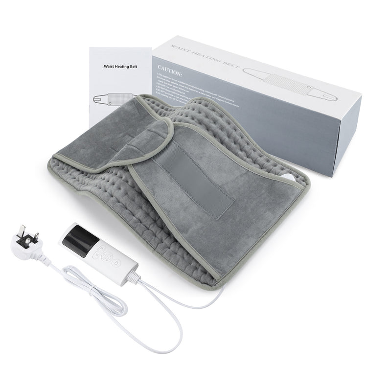 a grey heating pad with a box and power cord