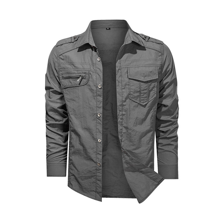 a grey jacket with pockets
