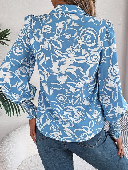 Women's Elegant Color-Blocked Floral Lantern Sleeve Lapel Shirt