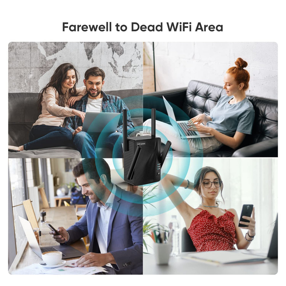 a collage of people using a wifi router