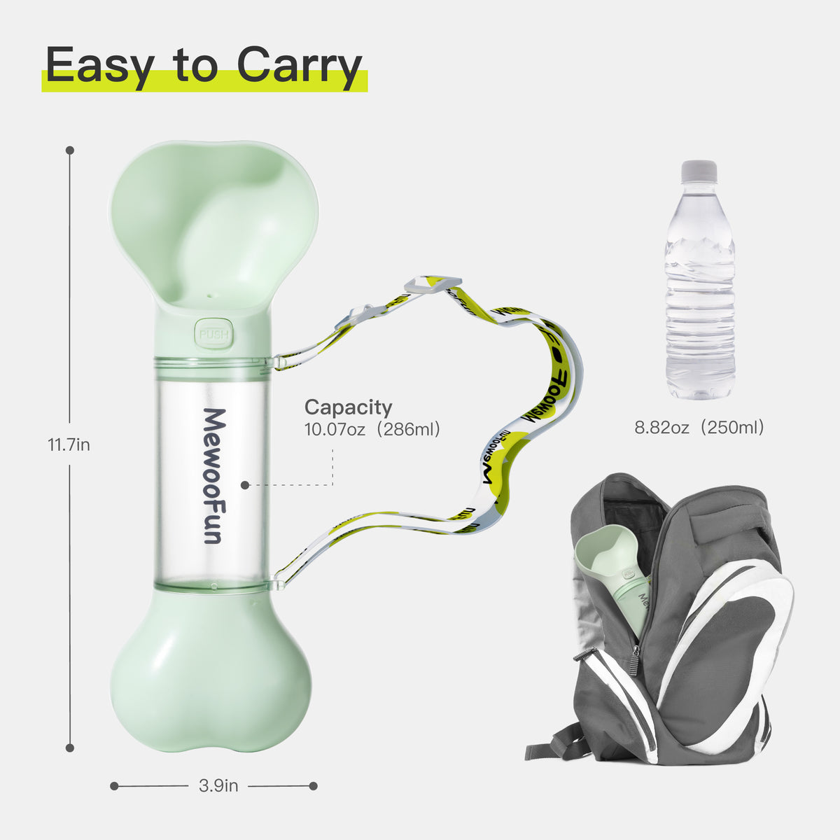 a water bottle and a backpack