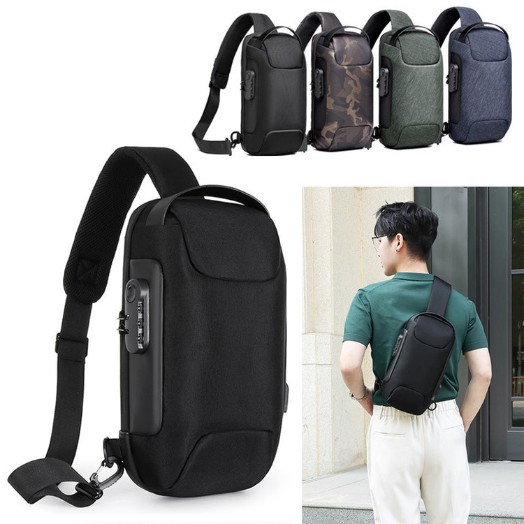 a man standing in front of a group of black bags