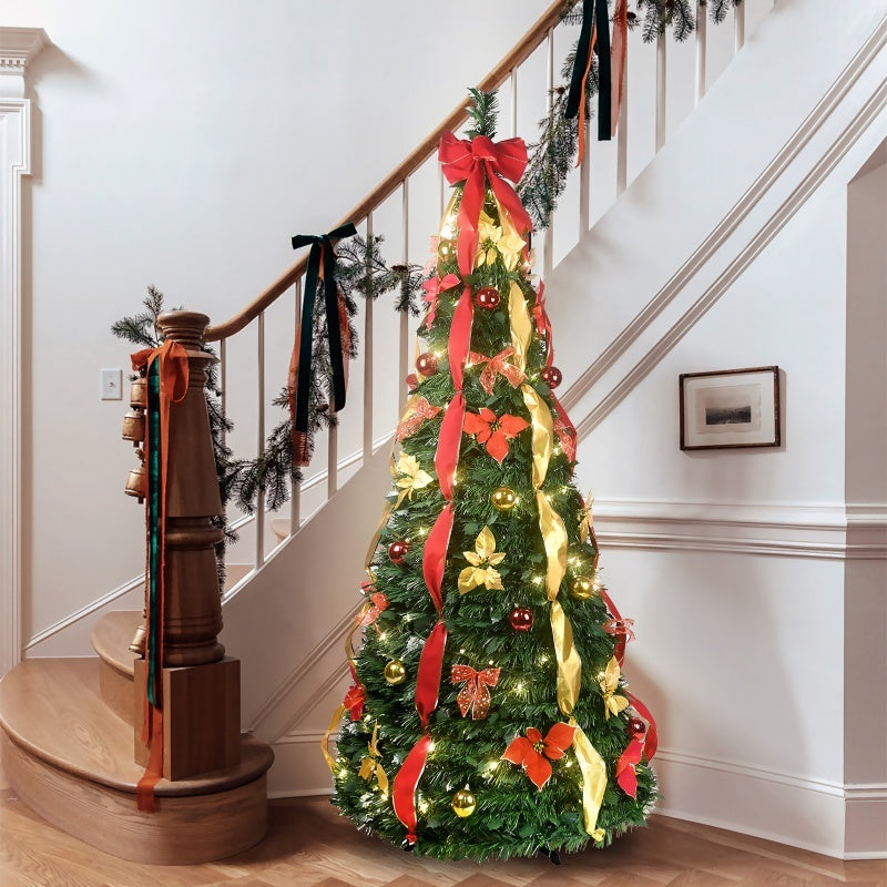 Prelit Full Pop Up Christmas Tree With Warm LED Lights, Gold And Red Ribbon, Bows, Balls Ornaments Easy Assemble Collapsible Xmas Trees Holiday Party Decor