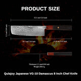 Qulajoy 8 Inch Chef Knife - Japanese Damascus VG-10 Super Steel Hammered Kitchen Knife - African Rosewood Octagonal Handle With Sheath
