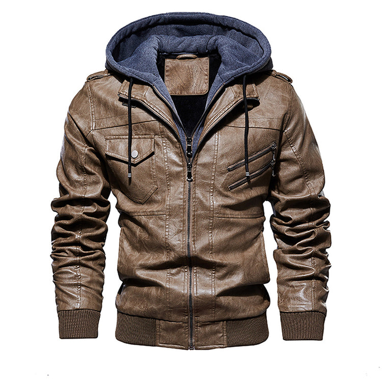 a brown leather jacket with a hood