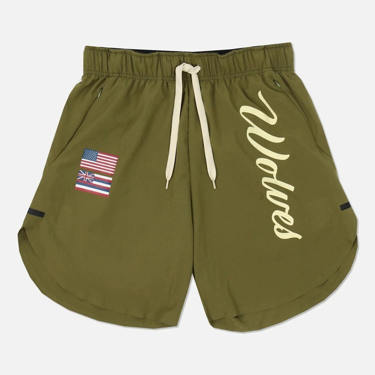 a pair of green shorts with a logo on it