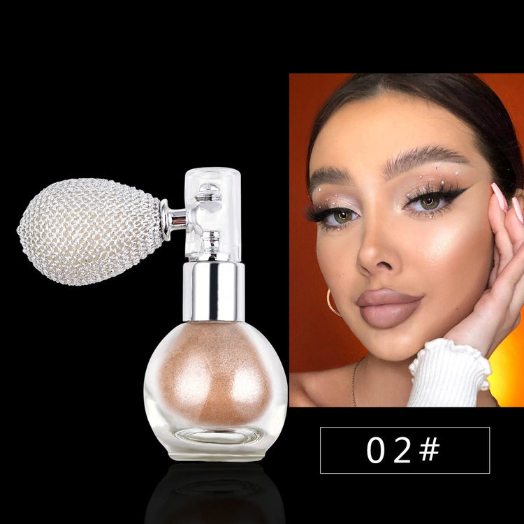 a woman with a bottle of makeup