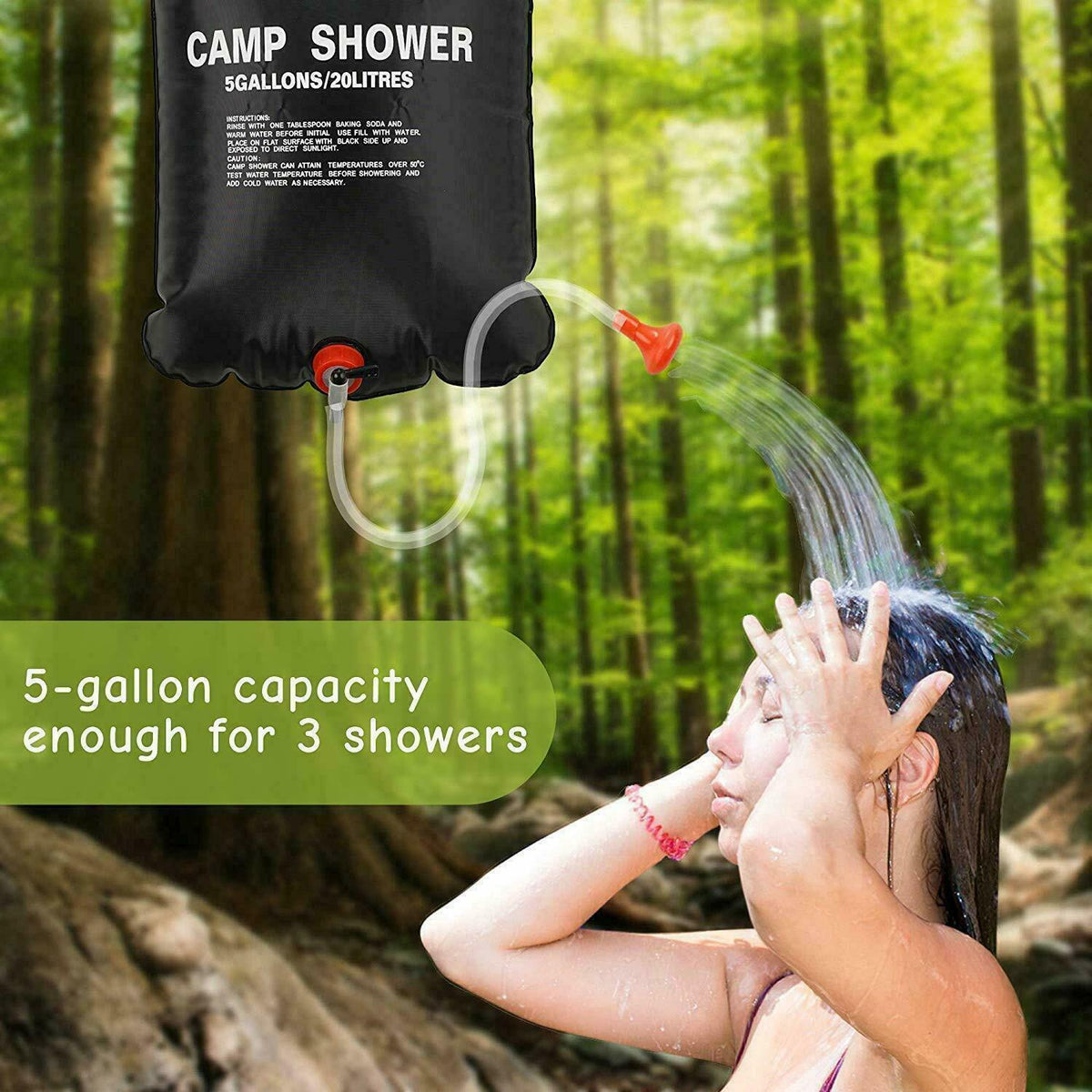 a woman washing her hair in the woods