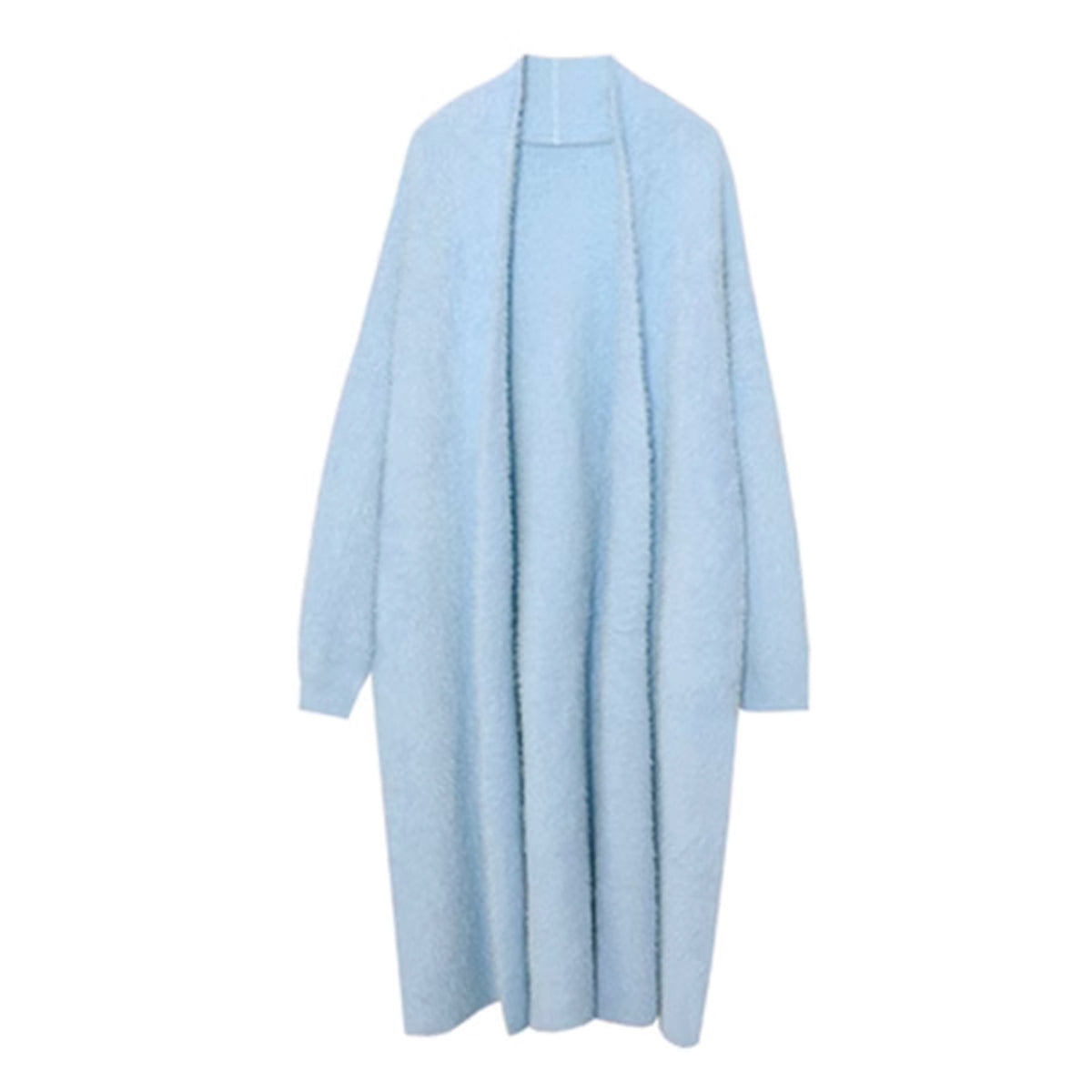 a long blue cardigan with a white background