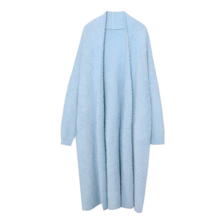 a long blue cardigan with a white background